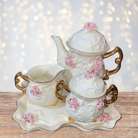 Vintage Handmade Porcelain Tea Set Pink Roses and 10K Gold Trim - Picture 8 of 16